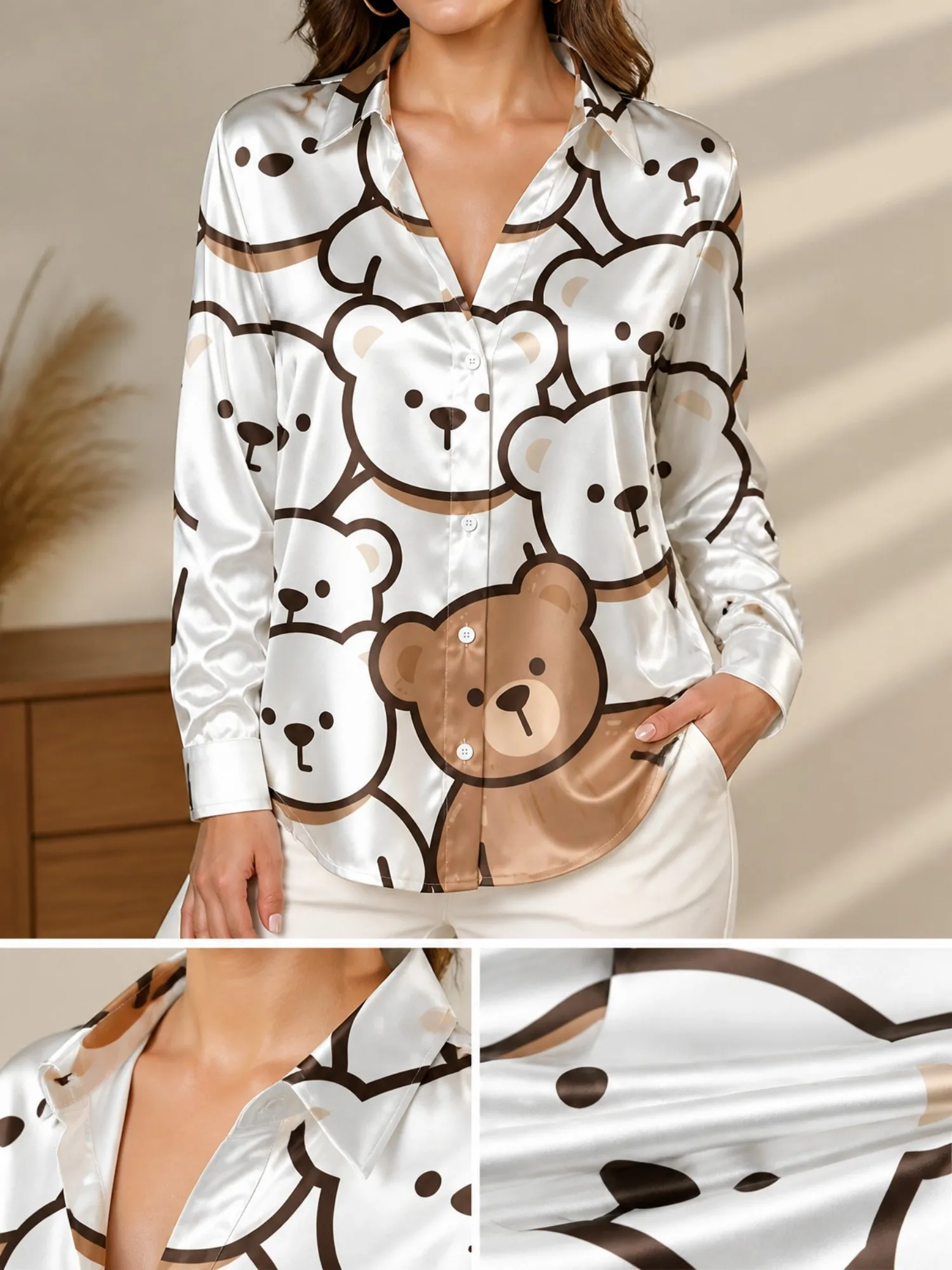 White Brown Teddy Bear Satin Blouse for Women Long Sleeve Button Down Shirt Cute Casual Office Elegant Silky Fashion Shirt Style
White Brown Teddy Bear Satin Blouse for Women Long Sleeve Button Down Shirt Cute Casual Office Elegant Silky Fashion Shirt Style