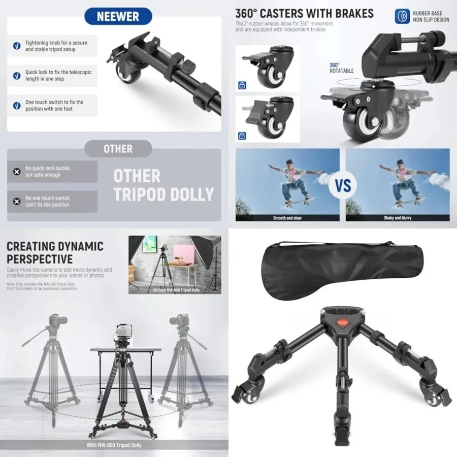 Photography Tripod Dolly, Heavy Duty 33lbs Capacity Tripod Wheels with 2 inch Rubber Wheels, Adjustable Leg Mount and Carry Bag for Canon Nikon Sony DSLR Cameras Camcorder Photo Video Lighting
Photography Tripod Dolly, Heavy Duty 33lbs Capacity Tripod Wheels with 2 inch Rubber Wheels, Adjustable Leg Mount and Carry Bag for Canon Nikon Sony DSLR Cameras Camcorder Photo Video Lighting