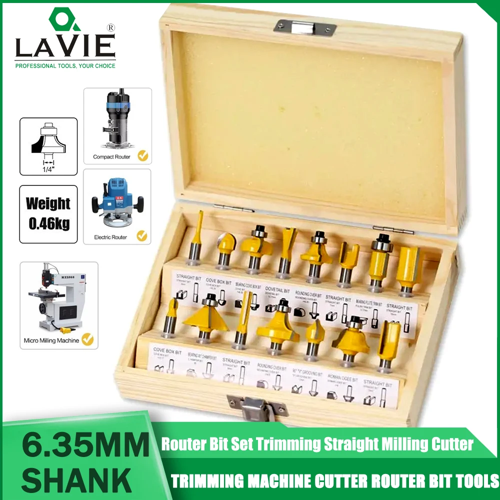 LAVIE 15pcs 1/4inch Router Bit Set Trimming Straight Milling Cutter Wood Bits Tungsten Carbide Cutting Woodworking מקדח 예초기커터날
LAVIE 15pcs 1/4inch Router Bit Set Trimming Straight Milling Cutter Wood Bits Tungsten Carbide Cutting Woodworking מקדח 예초기커터날