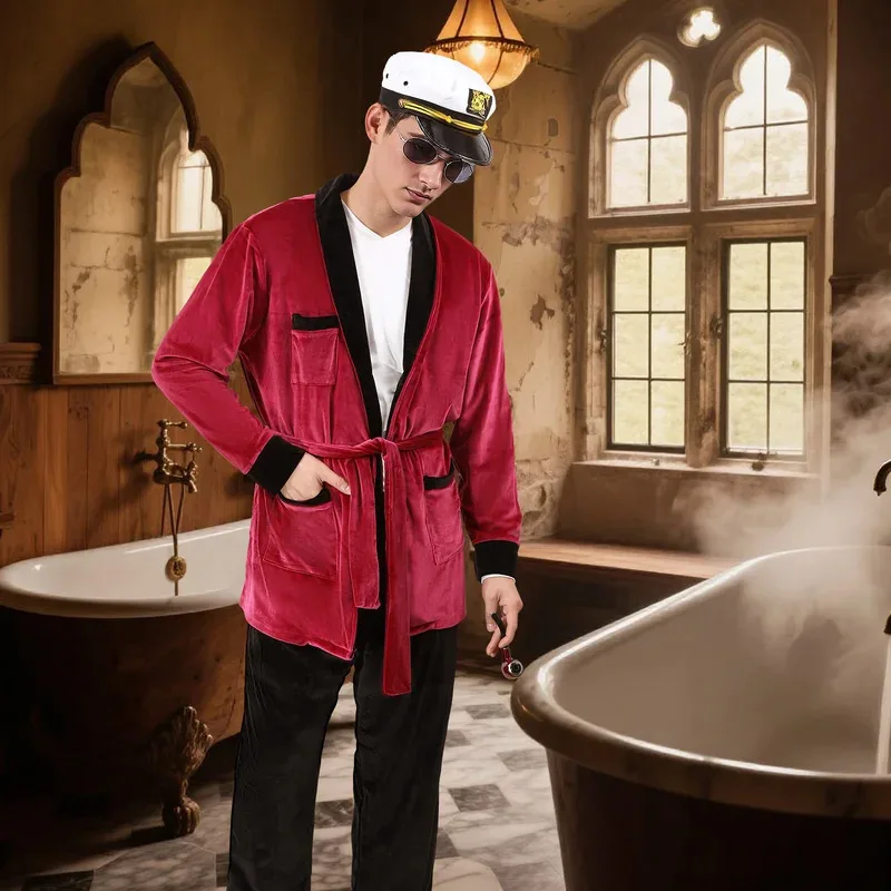 Men Velvet Robe Silky Long Sleeve Bathrobe Pajama with Sunglasses Captain Hat Belt Pants Halloween Party Costume dt'99
Men Velvet Robe Silky Long Sleeve Bathrobe Pajama with Sunglasses Captain Hat Belt Pants Halloween Party Costume dt'99