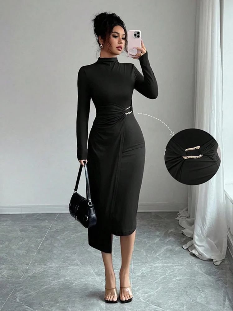 SKMY Women Clothing 2026 Spring New Fashion Party Dress Long Sleeve Stand Collar Knitted Solid Color Slimming Metal Button Dress
SKMY Women Clothing 2026 Spring New Fashion Party Dress Long Sleeve Stand Collar Knitted Solid Color Slimming Metal Button Dress