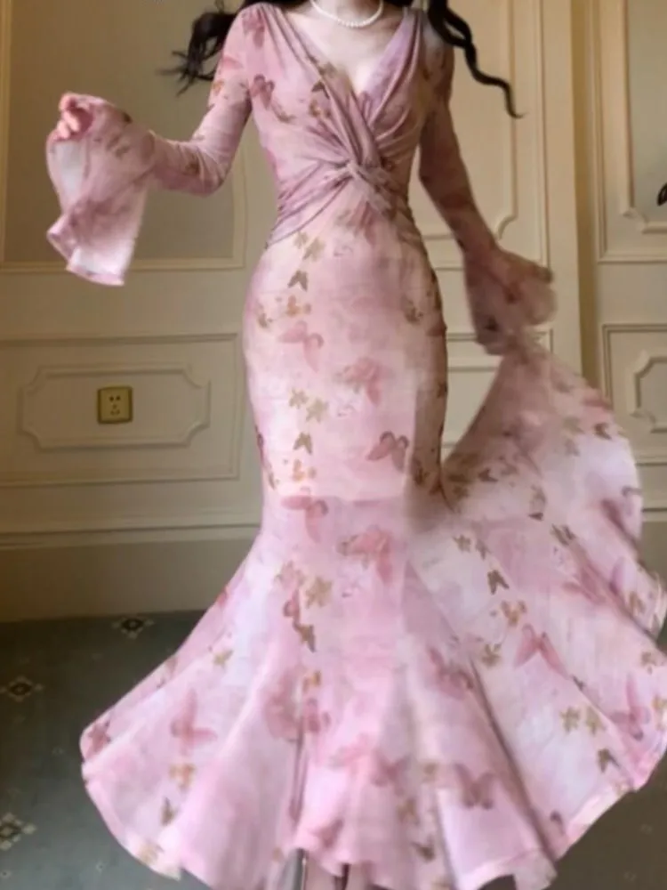 Women Mermaid Flare Sleeve Long Dresses Spring Summer Elegant Vintage Sexy Bodycon Pink Print Evening Club Vestidos Robe
Women Mermaid Flare Sleeve Long Dresses Spring Summer Elegant Vintage Sexy Bodycon Pink Print Evening Club Vestidos Robe