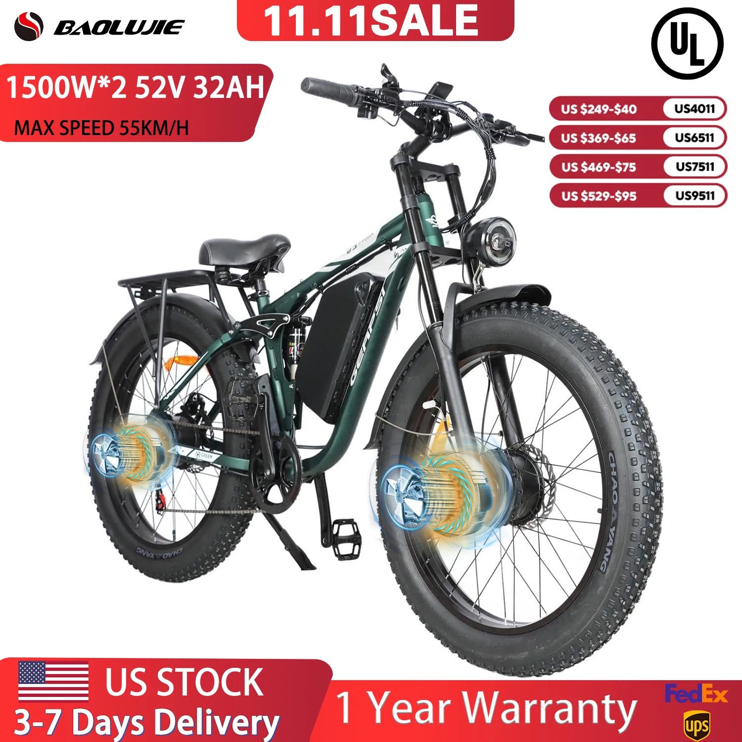 【1 Year Warranty】BAOLUJIE 2603 3000W E-bike Electric Bike for Adults Electric Bicycle Mountain Bike 26 Inch Fat Tire Dual Motors
【1 Year Warranty】BAOLUJIE 2603 3000W E-bike Electric Bike for Adults Electric Bicycle Mountain Bike 26 Inch Fat Tire Dual Motors