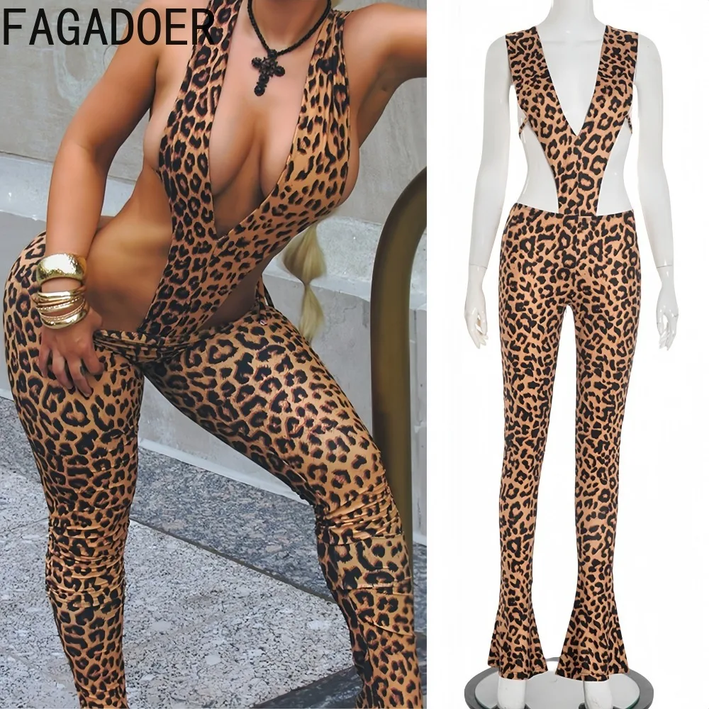 FAGADOER Sexy Leopard Print Bodycon 2 Pieces Set for Woman Deep V-neck Hollow Out Playsuits and Pants Outfits Female Streetwear 
FAGADOER Sexy Leopard Print Bodycon 2 Pieces Set for Woman Deep V-neck Hollow Out Playsuits and Pants Outfits Female Streetwear