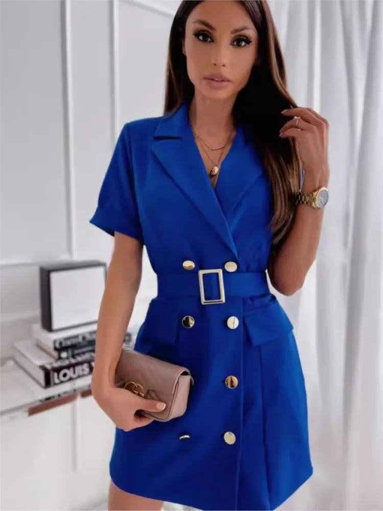 Summer Double Breasted Blazer Dresses Women's Elegant Frenum Lapel Office Dress Fashion Short Sleeve Solid Color Cardigan Dress
Summer Double Breasted Blazer Dresses Women's Elegant Frenum Lapel Office Dress Fashion Short Sleeve Solid Color Cardigan Dress