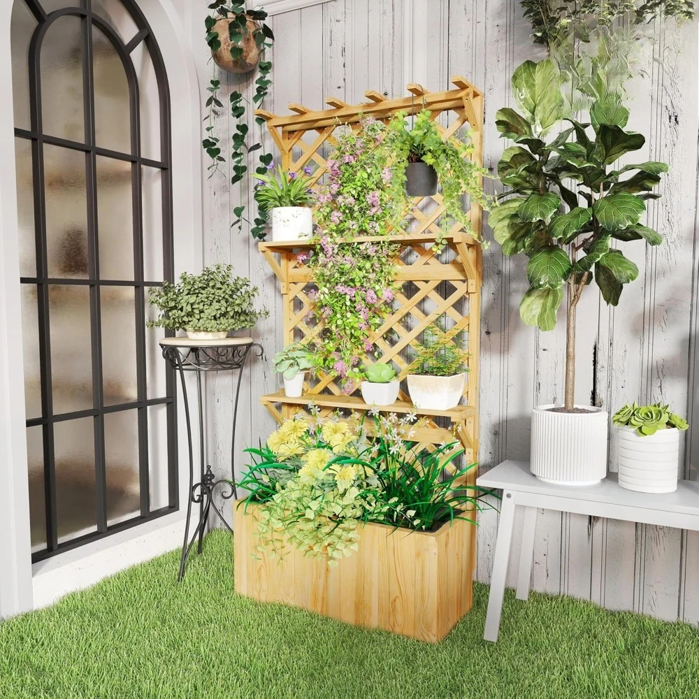 Wooden Planter with Trellis, Raised Garden Bed with Hanging Roof, Plant Shelf, Drainage Holes and Bed Liner, Customized
Wooden Planter with Trellis, Raised Garden Bed with Hanging Roof, Plant Shelf, Drainage Holes and Bed Liner, Customized
