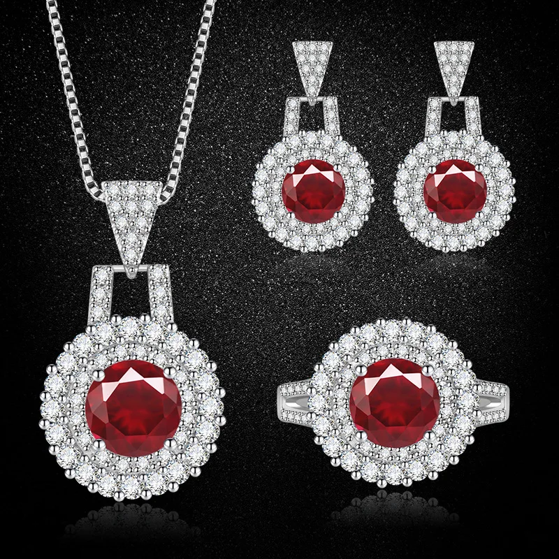 Fashion Women's S925 Sterling Silver Blood‑Red Colored Gemstone Jewelry Set, Ring Stud Earrings & Necklace
Fashion Women's S925 Sterling Silver Blood‑Red Colored Gemstone Jewelry Set, Ring Stud Earrings & Necklace