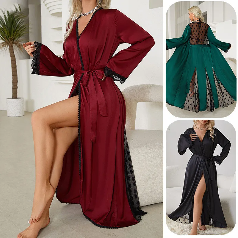 Women Satin Lace Splicing Together Long Wedding Bride Bridesmaid Kimono Feminino Bath Robe Femme Sexy Bathrobe
Women Satin Lace Splicing Together Long Wedding Bride Bridesmaid Kimono Feminino Bath Robe Femme Sexy Bathrobe