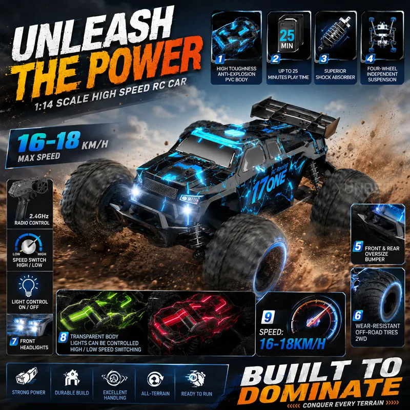 1:14 Scale High Speed RC Car 16-18km/h 2.4G Remote Control Monster Truck with LED Light Off-Road Vehicle Toy for Kids Boys Gift
1:14 Scale High Speed RC Car 16-18km/h 2.4G Remote Control Monster Truck with LED Light Off-Road Vehicle Toy for Kids Boys Gift