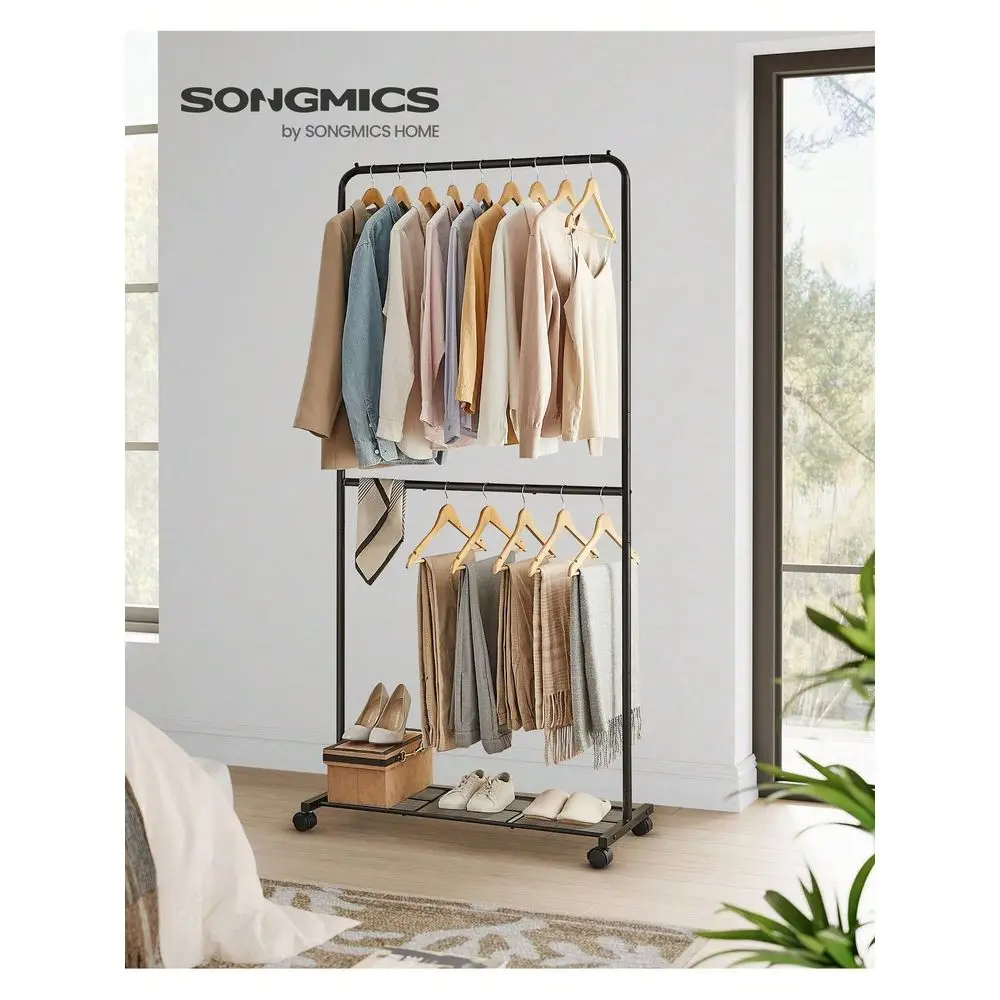 Clothes Rack With Wheels, Clothing Rack For Hanging Clothes, DoubleRod Garment Rack With Dense Mesh Storage Shelf, 110 Lb Load
Clothes Rack With Wheels, Clothing Rack For Hanging Clothes, DoubleRod Garment Rack With Dense Mesh Storage Shelf, 110 Lb Load