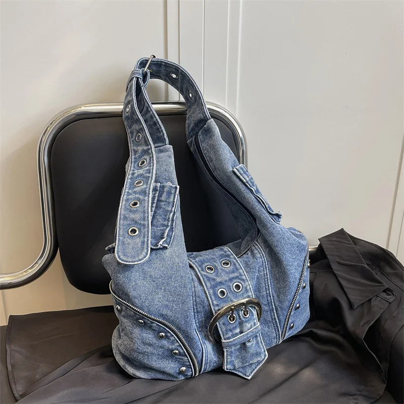 New Women's Y2K Denim Hobo Bag with Large Metal Buckle Studded Washed Jean Shoulder Purse Grunge Style Casual Crossbody Handbag
New Women's Y2K Denim Hobo Bag with Large Metal Buckle Studded Washed Jean Shoulder Purse Grunge Style Casual Crossbody Handbag