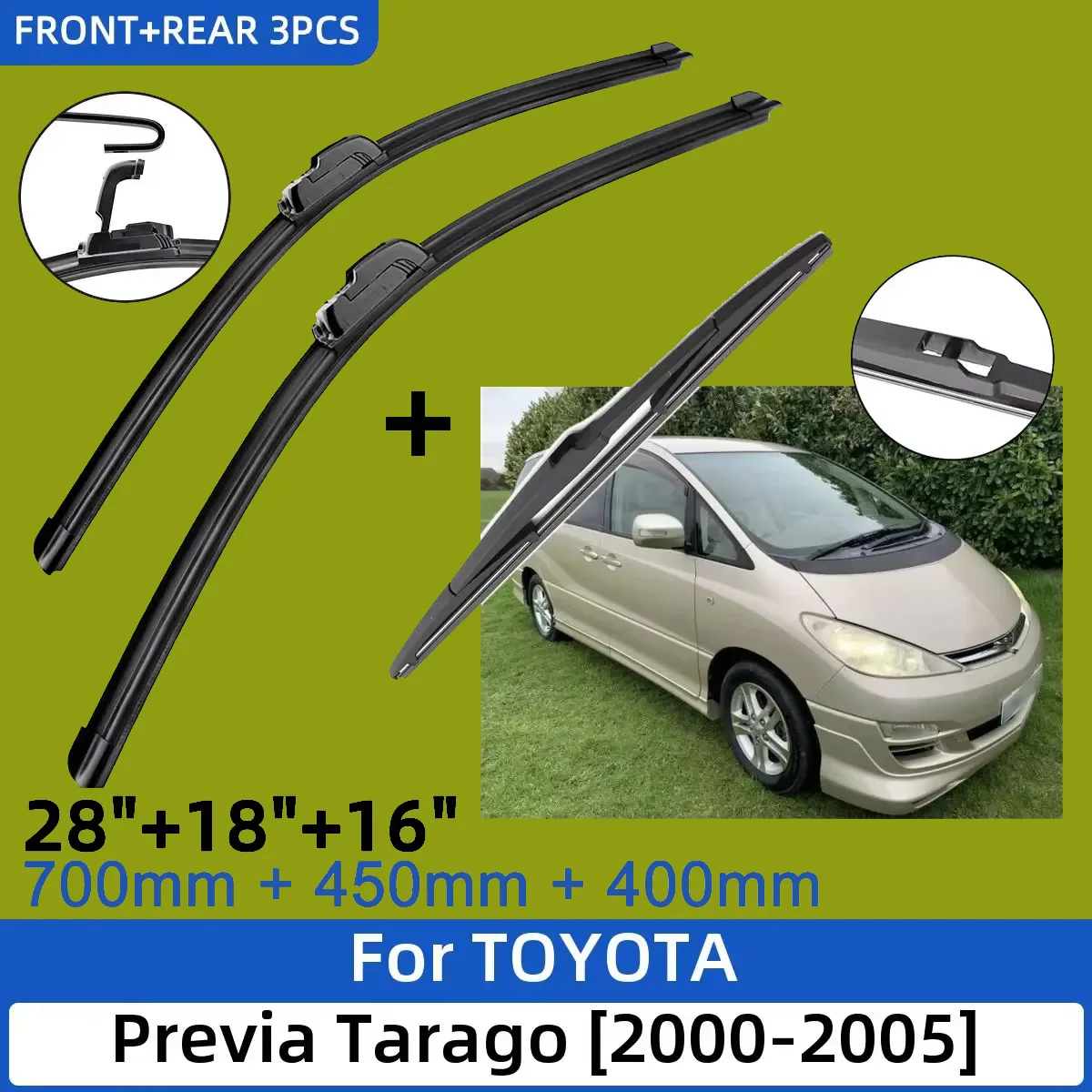 3PCS for TOYOTA Previa Tarago Estima 2000-2005 26"+18"+16" Front Rear Wiper Blades Windshield Windscreen Window Cutter
3PCS for TOYOTA Previa Tarago Estima 2000-2005 26"+18"+16" Front Rear Wiper Blades Windshield Windscreen Window Cutter