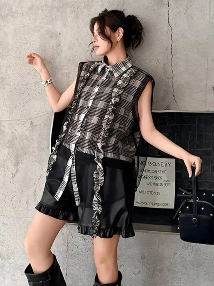 Women Gray Lace Plaid Ruffles Big Size Thin Blouse New Lapel Sleeveless Shirt Fashion Tide Spring Summer
Women Gray Lace Plaid Ruffles Big Size Thin Blouse New Lapel Sleeveless Shirt Fashion Tide Spring Summer