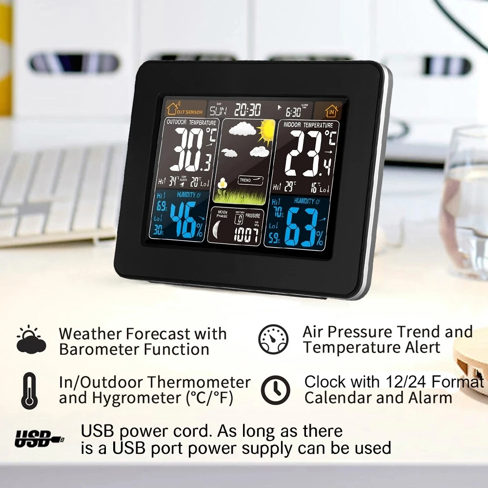 Weather Station Forecast Wireless Indoor Outdoor Sensor Thermometer Hygrometer Meter Digital Alarm Clock Barometer Color Screen
Weather Station Forecast Wireless Indoor Outdoor Sensor Thermometer Hygrometer Meter Digital Alarm Clock Barometer Color Screen