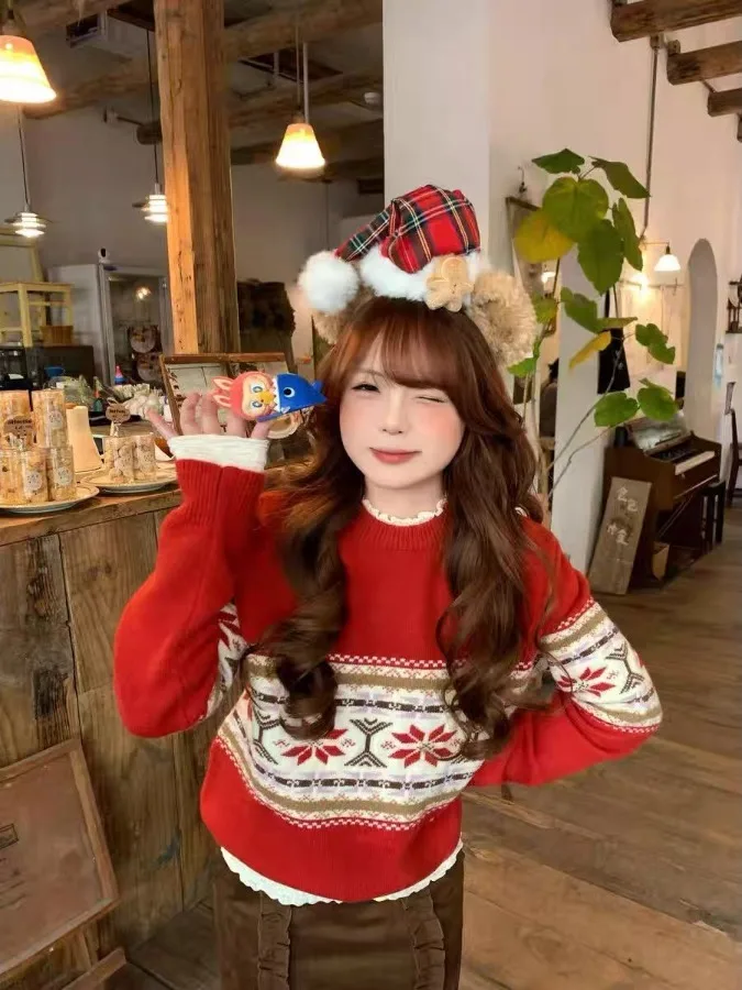 Korean Sle Loose Fit Red Fair Isle Knitwear Women's Autumn Winter Casual Loose Slimming Sweater Top for New Year
Korean Sle Loose Fit Red Fair Isle Knitwear Women's Autumn Winter Casual Loose Slimming Sweater Top for New Year