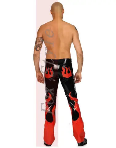 Siyah ve kırmızı ateş kauçuk pantolonlu yeni erkek lateks pantolon