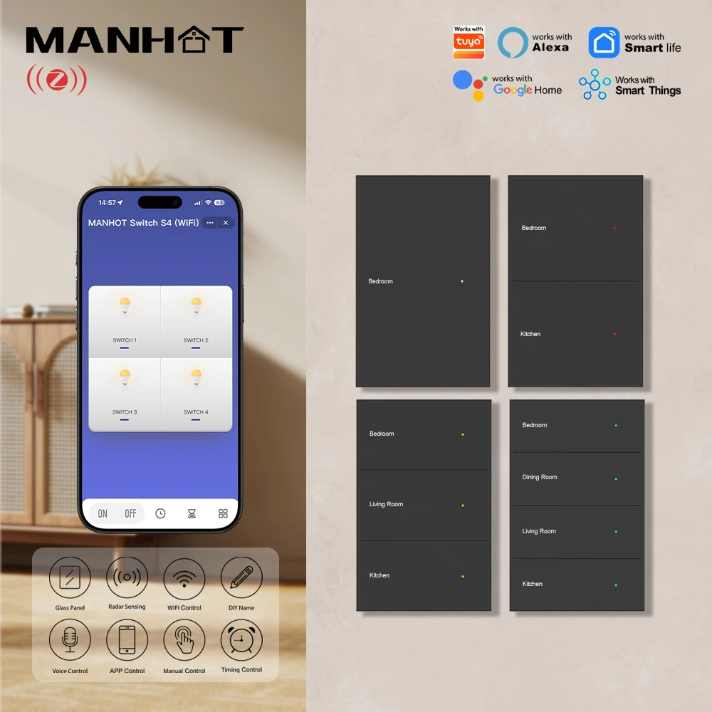 MANHOT Zigbee Smart Switch DIY Room Name with Backlight Color Adjustment APP Voice Control Child Lock Timing for Home Automation
MANHOT Zigbee Smart Switch DIY Room Name with Backlight Color Adjustment APP Voice Control Child Lock Timing for Home Automation