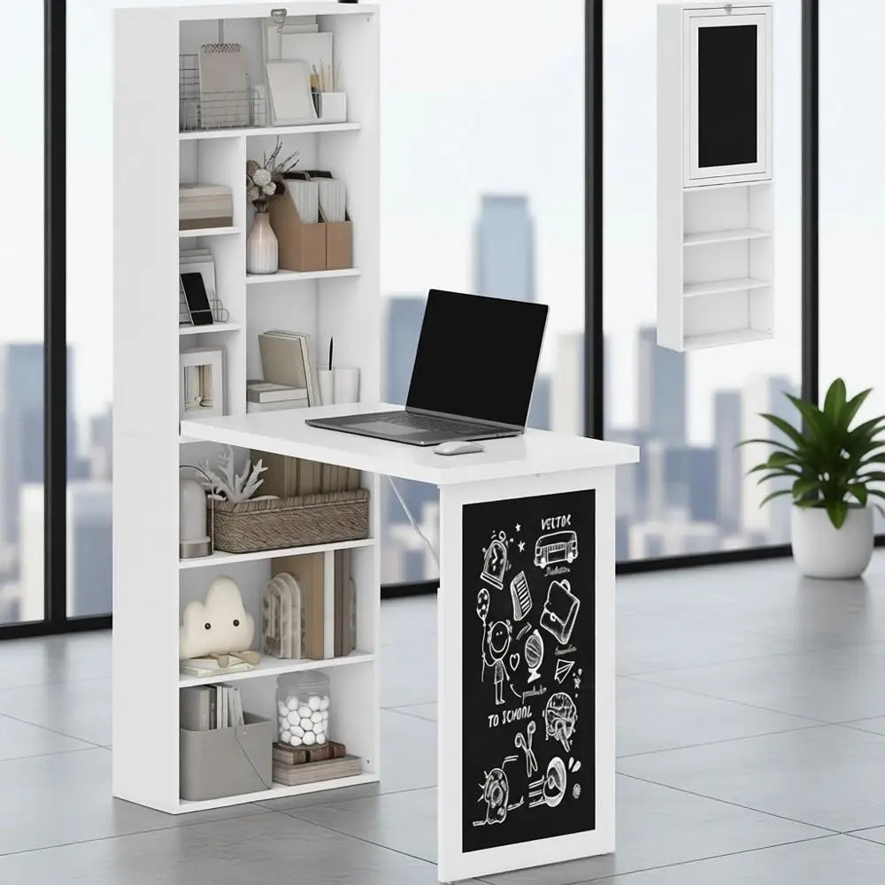 Convertible Writing Table, Wall-Mounted Desk with Chalkboard, Storage for Small Spaces, Home Office, Bedroom, Dorm, White
Convertible Writing Table, Wall-Mounted Desk with Chalkboard, Storage for Small Spaces, Home Office, Bedroom, Dorm, White
