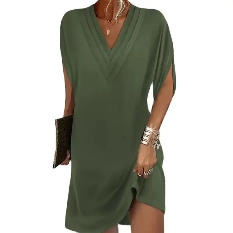 Summer Women solid color V-neck dress Half-sleeve Office mini dress Multi-layer bat-cuff cuff casual wear vestidos de mujer
Summer Women solid color V-neck dress Half-sleeve Office mini dress Multi-layer bat-cuff cuff casual wear vestidos de mujer