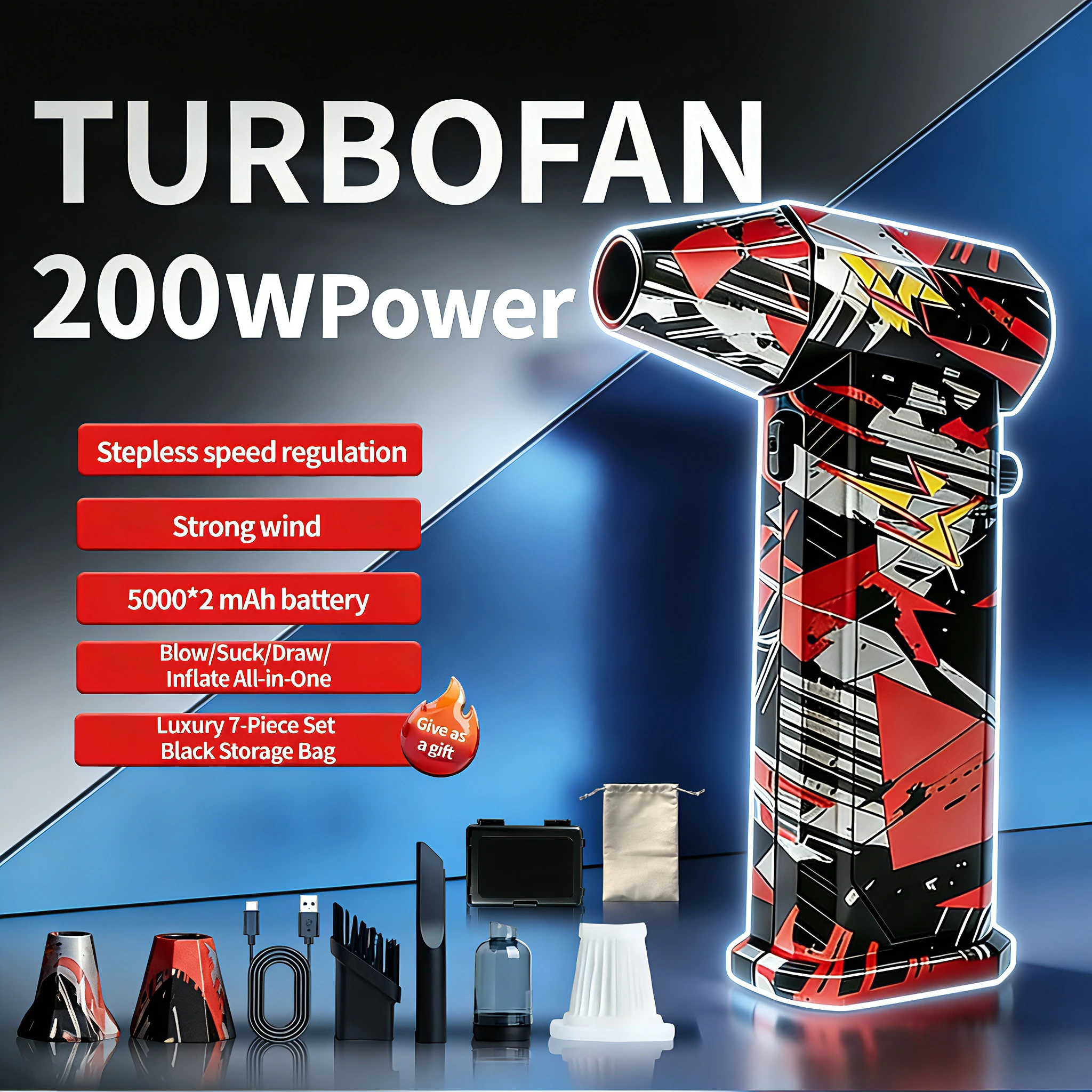 Вентилятор с бесщеточным двигателем X9, серебристый, черный и красный, с вращающейся скоростью вращения 30 000 об/мин, скорость ветра 75 м/с, беспроводной сжатый воздух
Вентилятор с бесщеточным двигателем X9, серебристый, черный и красный, с вращающейся скоростью вращения 30 000 об/мин, скорость ветра 75 м/с, беспроводной сжатый воздух