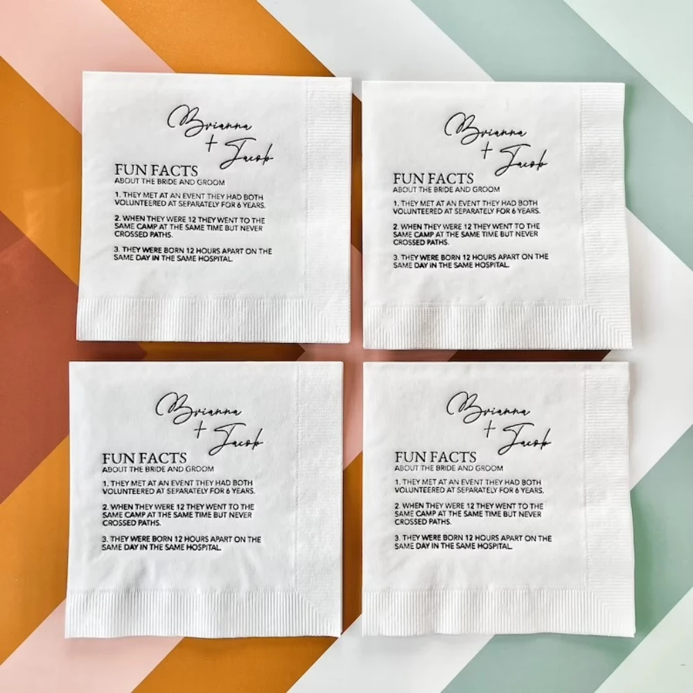 Personalized Wedding Napkins, Fun Facts, Bridal Shower, Rehearsal Dinner, Engagement Party, Wedding Bar Napkins, 50Pcs
Personalized Wedding Napkins, Fun Facts, Bridal Shower, Rehearsal Dinner, Engagement Party, Wedding Bar Napkins, 50Pcs