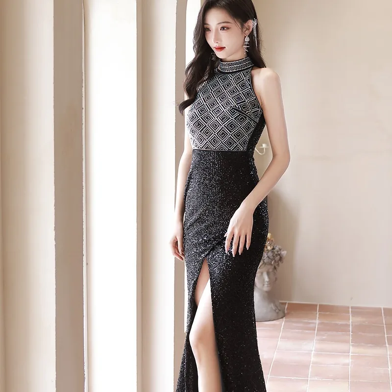 Black Sequin Split Dress Hostess Hanging Neck Style Adult Graduation Party Evening Gown High Waist Long Skirt Ball Gown
Black Sequin Split Dress Hostess Hanging Neck Style Adult Graduation Party Evening Gown High Waist Long Skirt Ball Gown