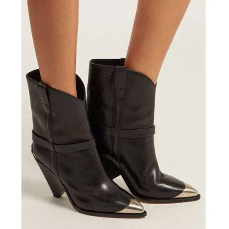 Black Metal Pointed Toe Tapered Heel Short Boots Woman Winter 2025 White Rivet Shaped-Heel Knight Boots Fashion Shoes for Women
Black Metal Pointed Toe Tapered Heel Short Boots Woman Winter 2025 White Rivet Shaped-Heel Knight Boots Fashion Shoes for Women