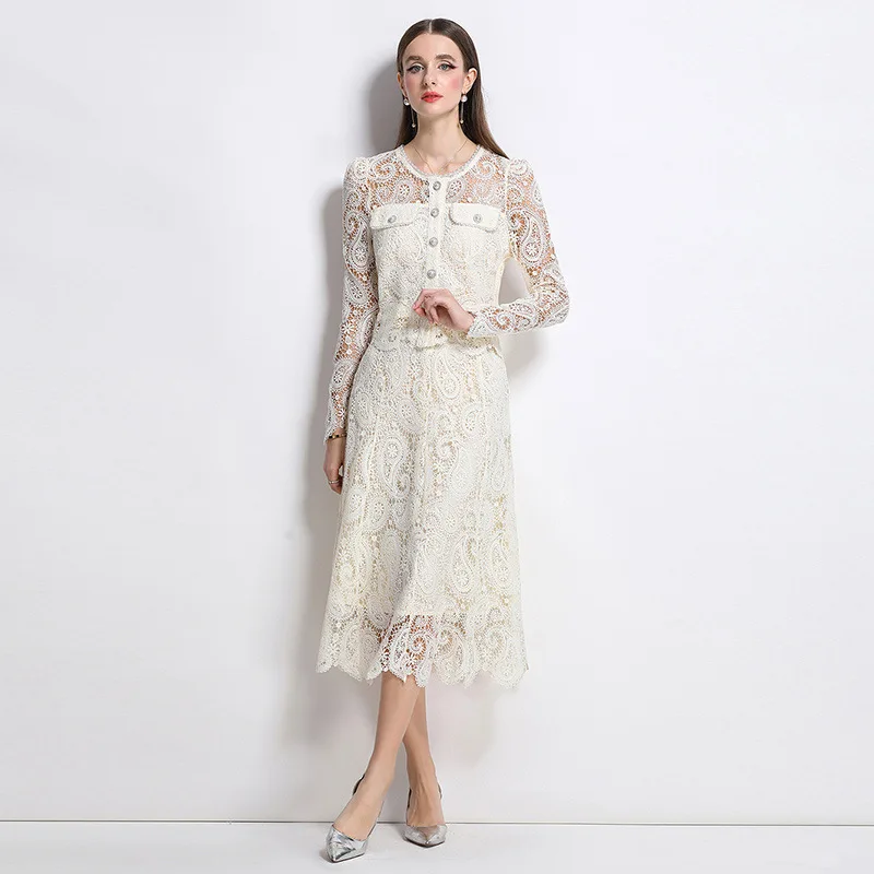 Summer 2 Pieces Set Women Single breasted Hollow Lace Tops+High Waist Skirts Casual Simple Office Skirt Suit
Summer 2 Pieces Set Women Single breasted Hollow Lace Tops+High Waist Skirts Casual Simple Office Skirt Suit