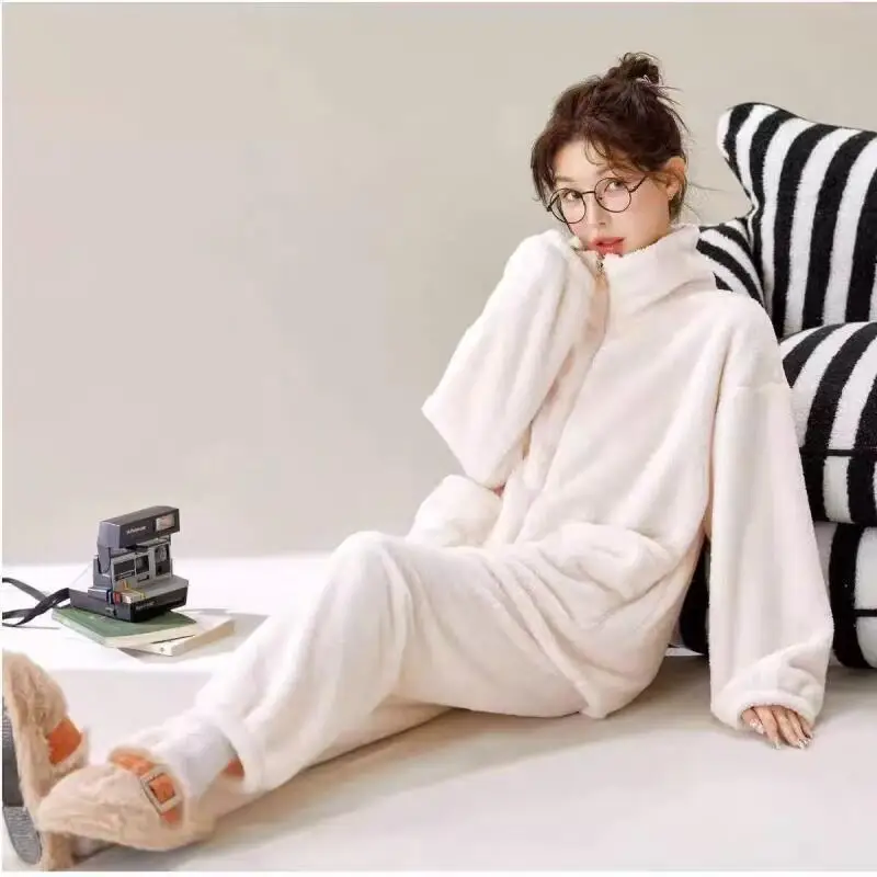 Пижамный костюм, осенне-зимний утепленный воротник-стойка для девочек, домашняя одежда из кораллового флиса, минималистичная ночная рубашка, фланелевая теплая новая одежда для сна