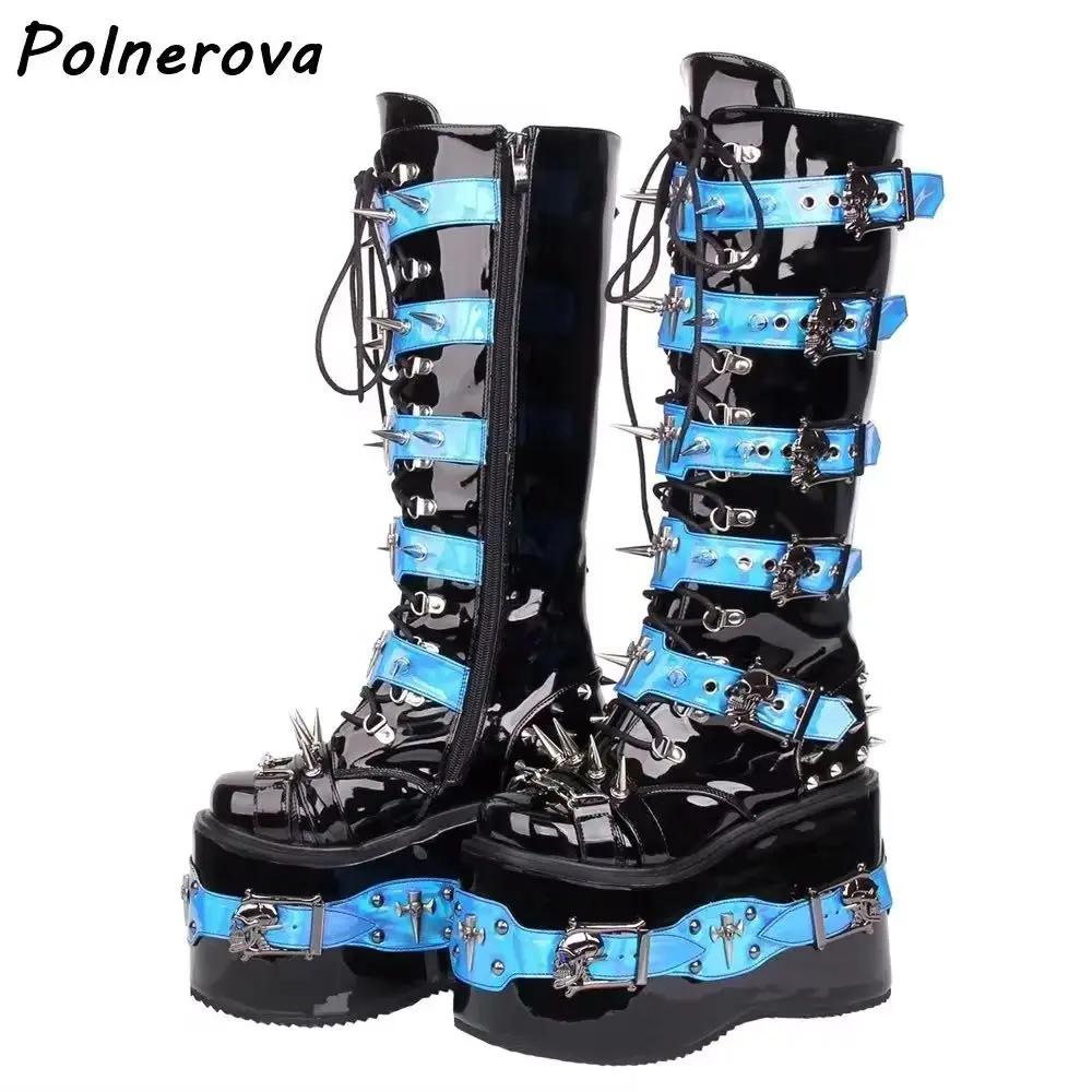 Black Blue Rivet Buckle Boots Women's Winter Warm Dark Punk Boots Round Toe Platform Wedges Cross Tied Patent Leather Shoes
Black Blue Rivet Buckle Boots Women's Winter Warm Dark Punk Boots Round Toe Platform Wedges Cross Tied Patent Leather Shoes
