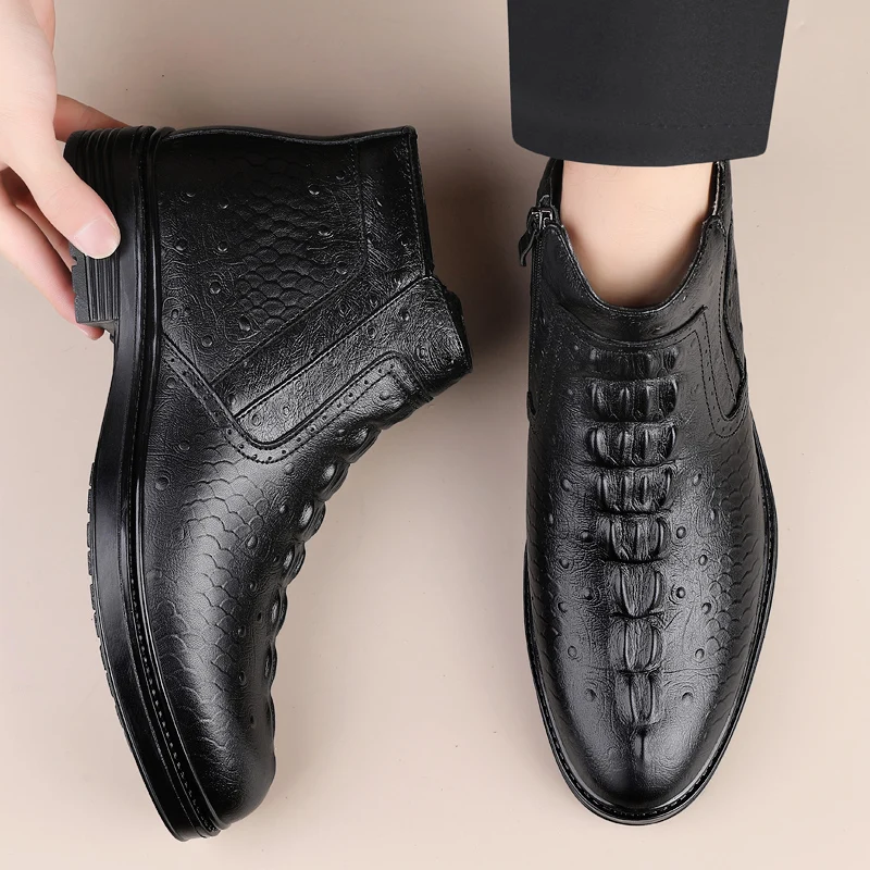 Теплые высокие ботинки высокого качества, модные кожаные деловые ботинки челси с узором аллигатора, роскошные брендовые мужские ботинки из натуральной кожи 
Теплые высокие ботинки высокого качества, модные кожаные деловые ботинки челси с узором аллигатора, роскошные брендовые мужские ботинки из натуральной кожи