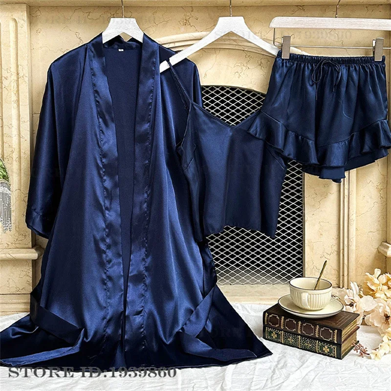 Women 3PCS Pajamas Set Sleepwear Sexy Morning Bathrobe Strap Top&Shorts Lingerie Summer New Nightwear Rayon Homewear Loungewear
Women 3PCS Pajamas Set Sleepwear Sexy Morning Bathrobe Strap Top&Shorts Lingerie Summer New Nightwear Rayon Homewear Loungewear