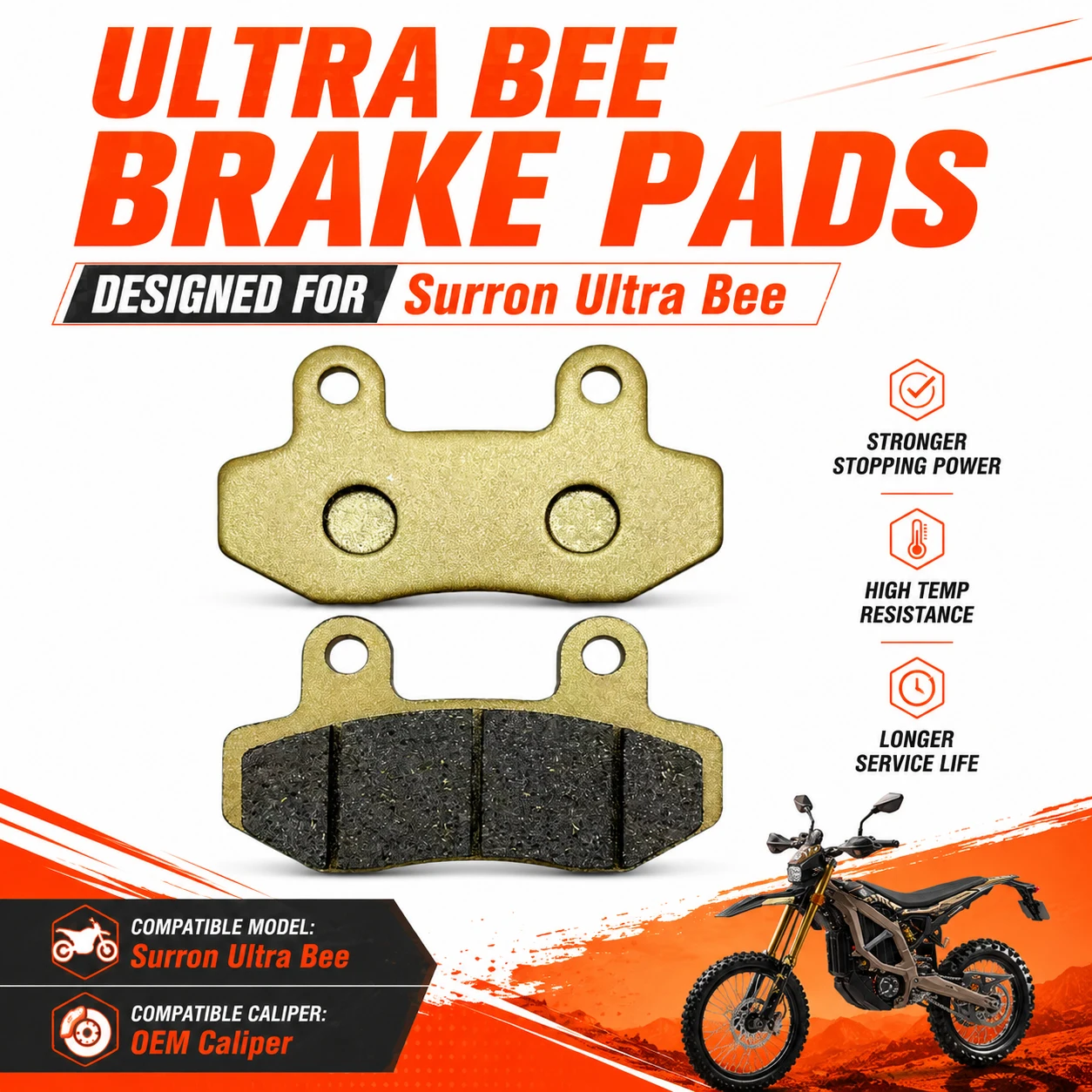 Ultra Bee Brake Pads Semi-Metallic Pro Grade for Surron Ultra Bee Stock Caliper Electric Dirt Bike Enduro Hydraulic
Ultra Bee Brake Pads Semi-Metallic Pro Grade for Surron Ultra Bee Stock Caliper Electric Dirt Bike Enduro Hydraulic