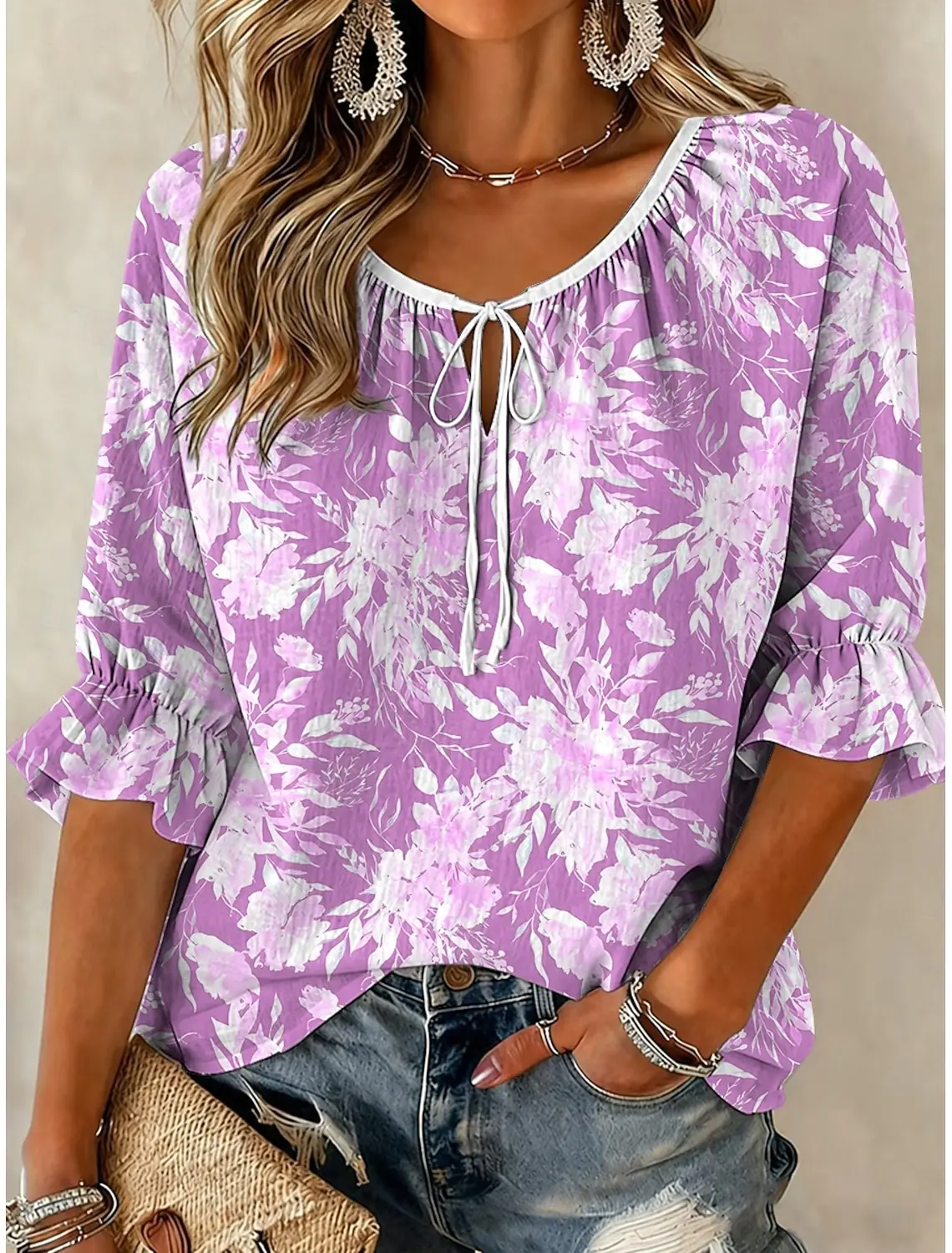 Women's Purple White Floral Print Tie Neck Blouse, Casual Loose Tops for Spring Summer Daily Wear Vacation Occasions
Women's Purple White Floral Print Tie Neck Blouse, Casual Loose Tops for Spring Summer Daily Wear Vacation Occasions