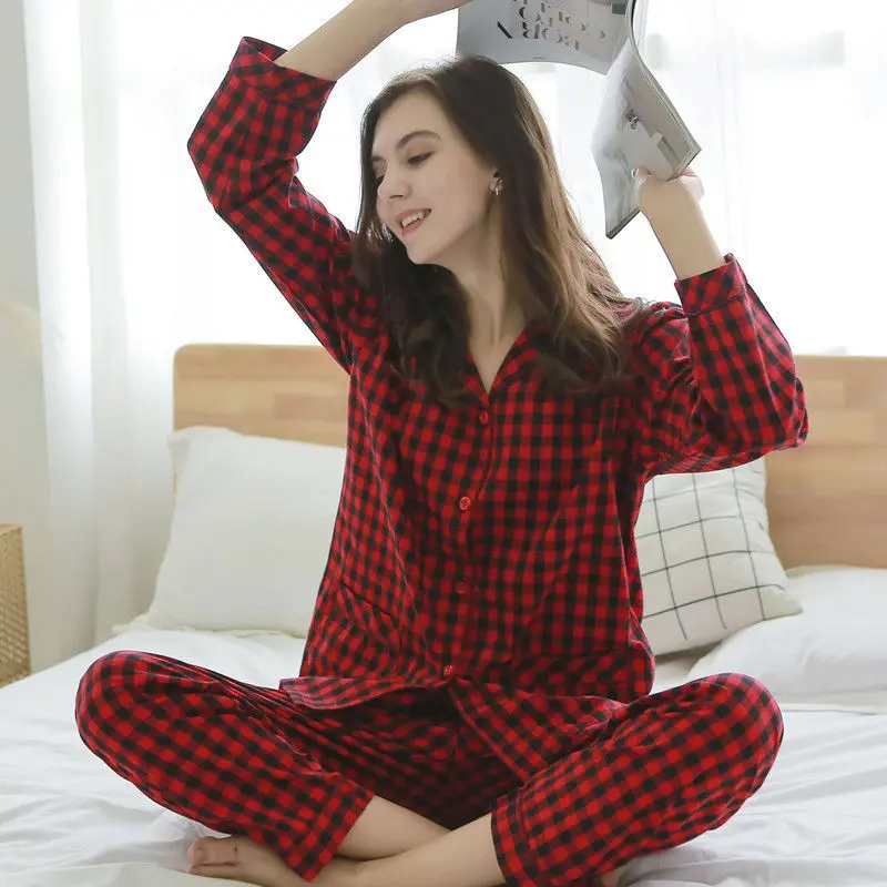 Spring Autumn New 100% Pure Cotton Pajamas Women Long-sleeved Checkered Korean Style Women's All-cotton Home Wear Long Pants Set
Spring Autumn New 100% Pure Cotton Pajamas Women Long-sleeved Checkered Korean Style Women's All-cotton Home Wear Long Pants Set