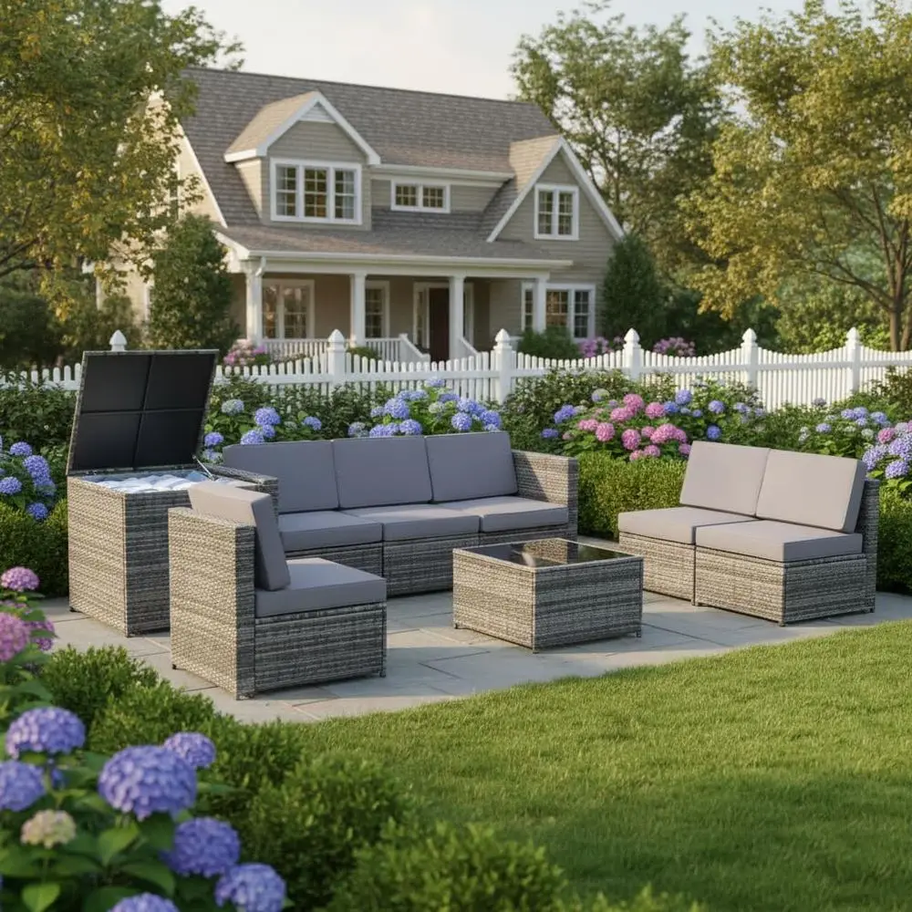 8-Piece Outdoor Patio Furniture Set, Rattan Wicker Sofa Sectional with Storage Table and Cushions (Grey)
8-Piece Outdoor Patio Furniture Set, Rattan Wicker Sofa Sectional with Storage Table and Cushions (Grey)