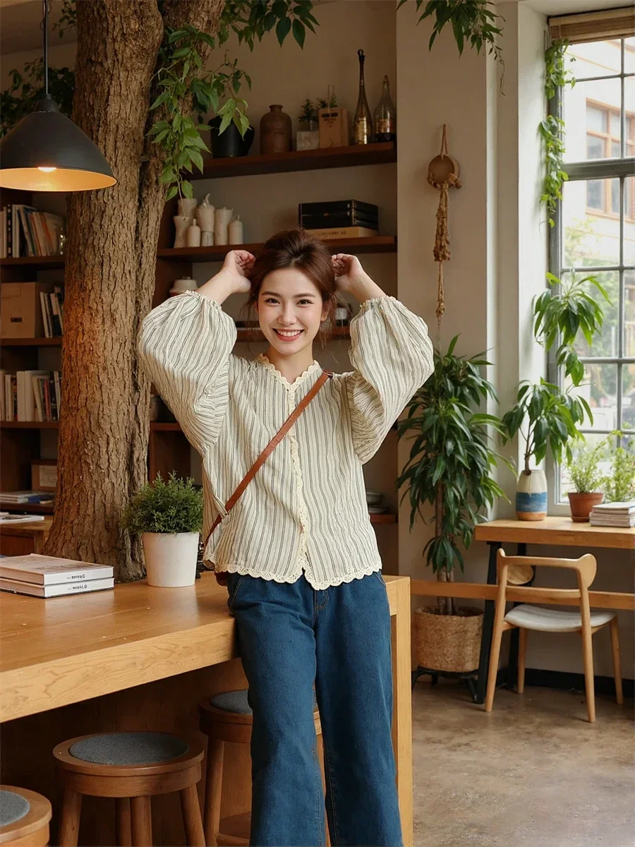 Vintage Shirts Women Polka Dot Long Sleeve Button-up Blouse With Peter-pan Collar And Ruffle Details For French Chic Workwear
Vintage Shirts Women Polka Dot Long Sleeve Button-up Blouse With Peter-pan Collar And Ruffle Details For French Chic Workwear
