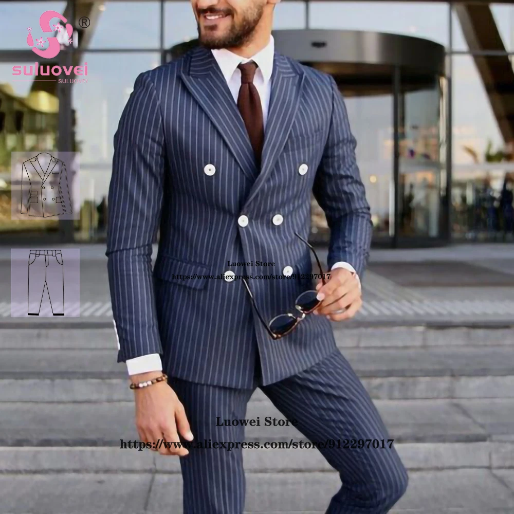 Fashion Striped Slim Fit Suits For Men Navy Blue 2 Piece Pants Set Formal Groom Wedding Peaked Lapel Tuxedo Male Business Blazer
Fashion Striped Slim Fit Suits For Men Navy Blue 2 Piece Pants Set Formal Groom Wedding Peaked Lapel Tuxedo Male Business Blazer
