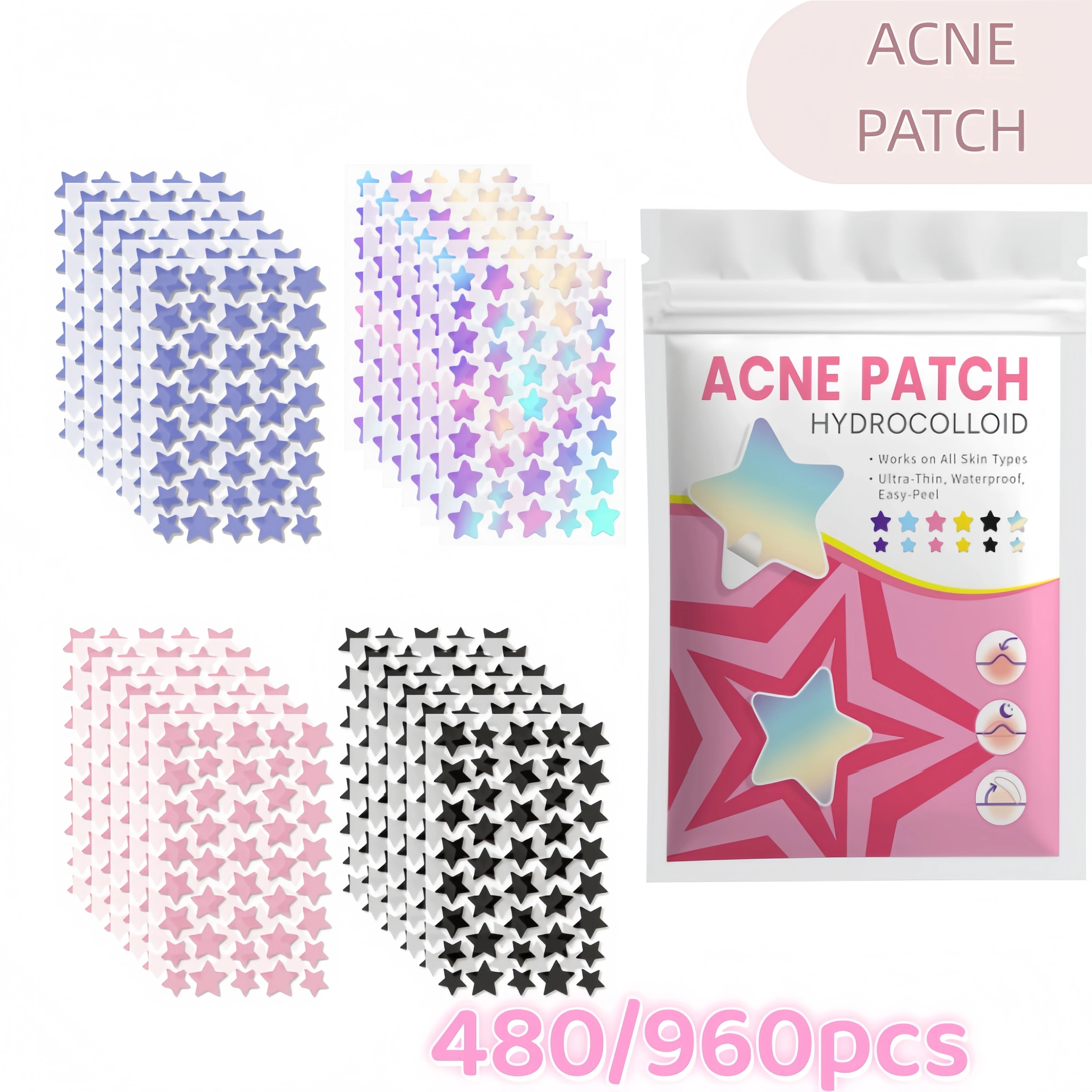 Pimple Patches for Face 480/960Pcs Star Hydrocolloid Acne Patch Cute Colorful Waterproof Blemish Stickers
Pimple Patches for Face 480/960Pcs Star Hydrocolloid Acne Patch Cute Colorful Waterproof Blemish Stickers