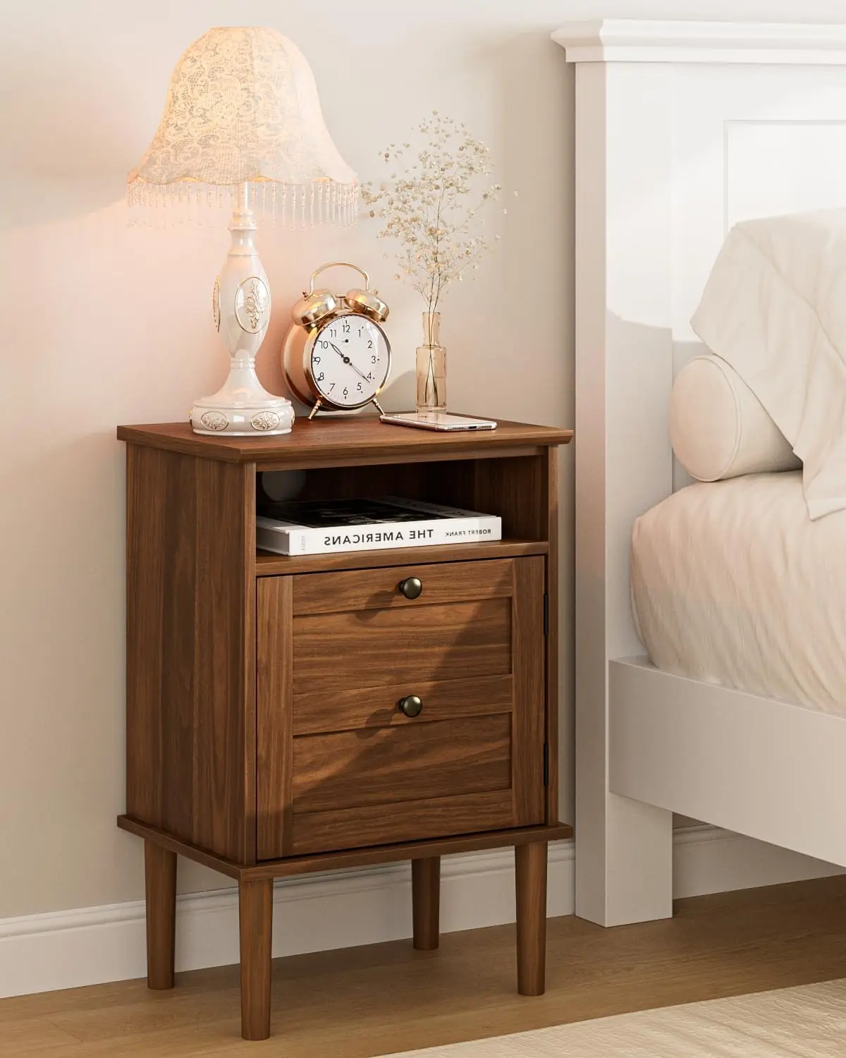 Walnut Nightstand with 1 Drawer and Open Shelf, Boho Side Table for Bedroom, Living Room
Walnut Nightstand with 1 Drawer and Open Shelf, Boho Side Table for Bedroom, Living Room