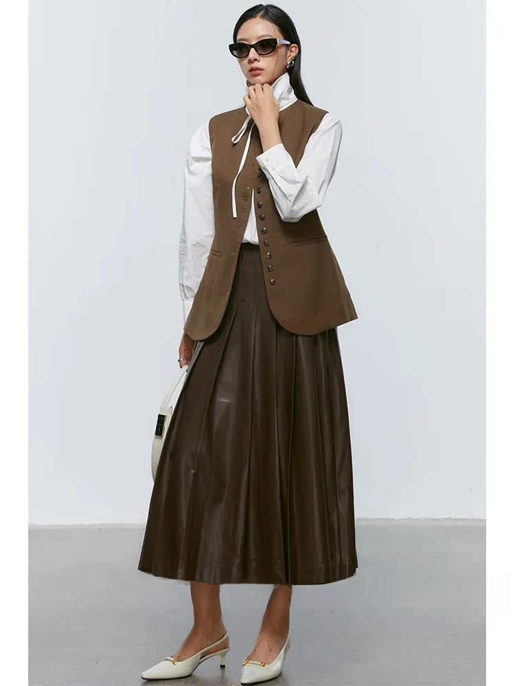 High Waist Long Pleated PU Leather Skirt Women's A-Line Skirt Foundume Protein PU Camel Brown f-length Skirt
High Waist Long Pleated PU Leather Skirt Women's A-Line Skirt Foundume Protein PU Camel Brown f-length Skirt