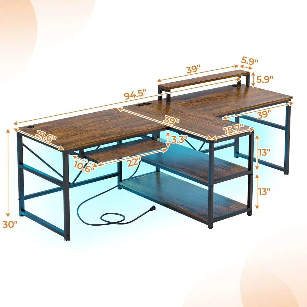 94.5" Home Office Desks, Computer Gaming Desk with Storage, LED Lights, Power Strip with USB, Keyboard Tray & Monitor Stand
94.5" Home Office Desks, Computer Gaming Desk with Storage, LED Lights, Power Strip with USB, Keyboard Tray & Monitor Stand