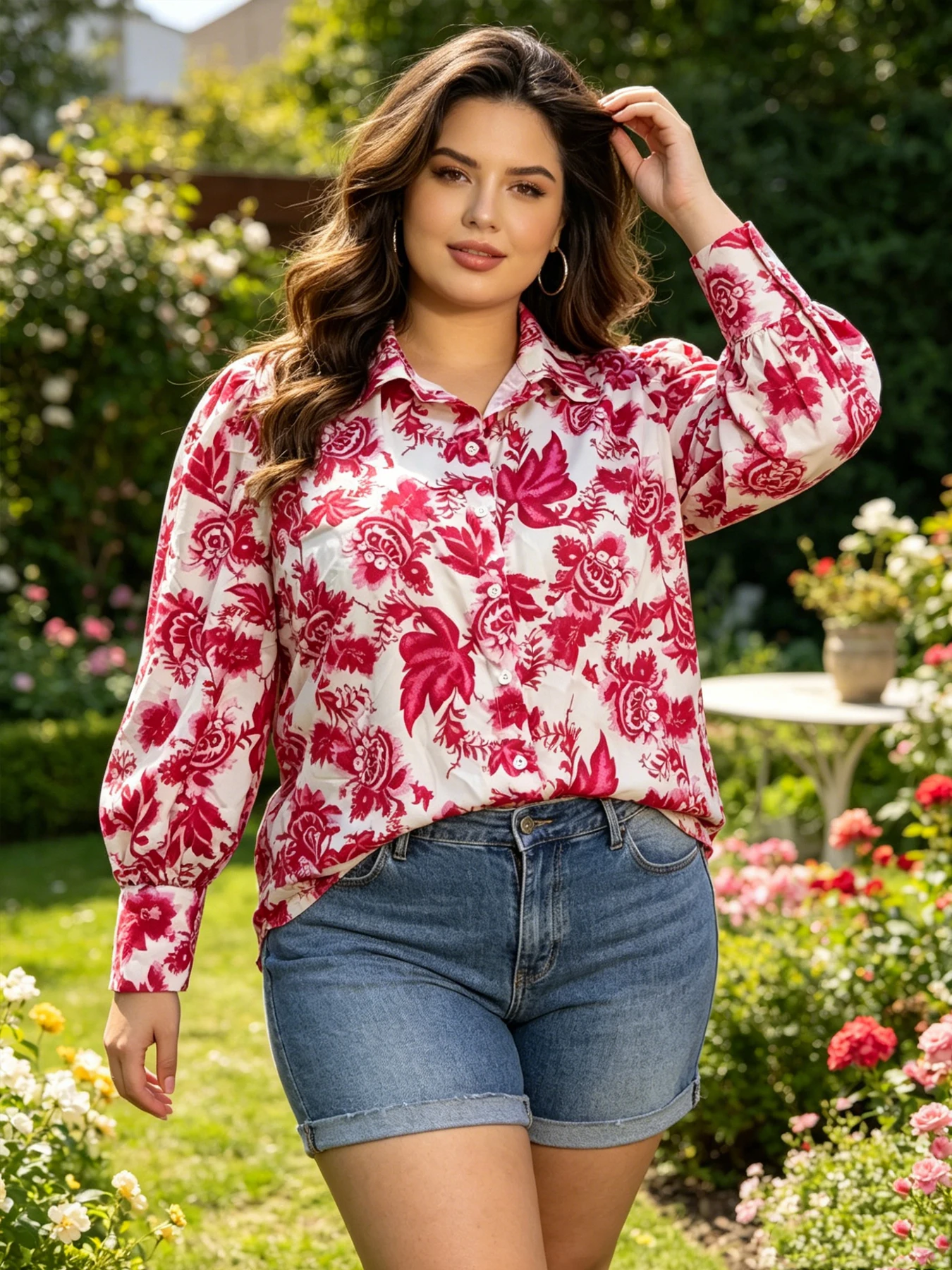 Women's Plus Size Pink Floral Print Button Down Shirt, Lapel Puff Long Sleeve Loose Blouse, Casual Vintage Holiday Top For Curvy
Women's Plus Size Pink Floral Print Button Down Shirt, Lapel Puff Long Sleeve Loose Blouse, Casual Vintage Holiday Top For Curvy