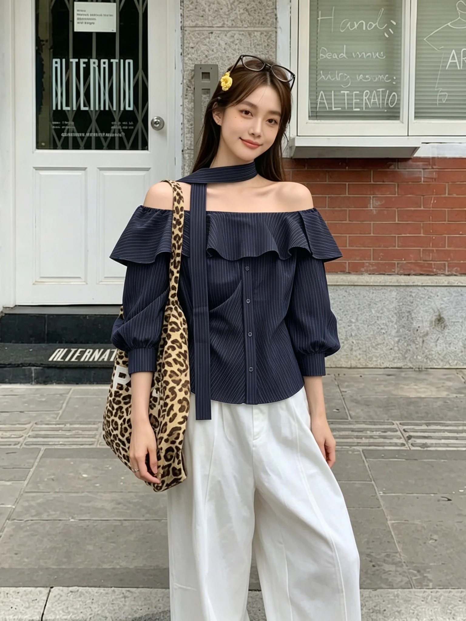 Elegant Light Sweet Style Dark Blue Striped Shirt Collarless Two-Way Wear Shoulder Bared Blouse Korean Style Commute Shirt
Elegant Light Sweet Style Dark Blue Striped Shirt Collarless Two-Way Wear Shoulder Bared Blouse Korean Style Commute Shirt