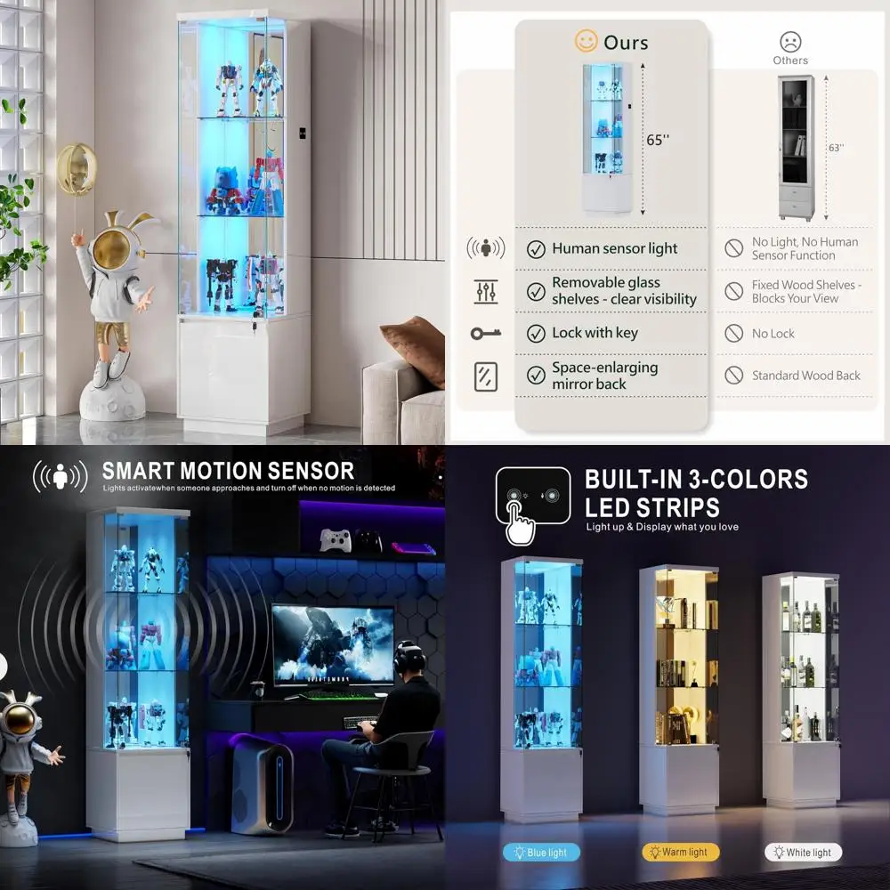 Шкаф Curio с подсветкой 65 и запирающейся стеклянной дверью и 3-цветной подсветкой для отображения коллекционных предметов 
Шкаф Curio с подсветкой 65 и запирающейся стеклянной дверью и 3-цветной подсветкой для отображения коллекционных предметов