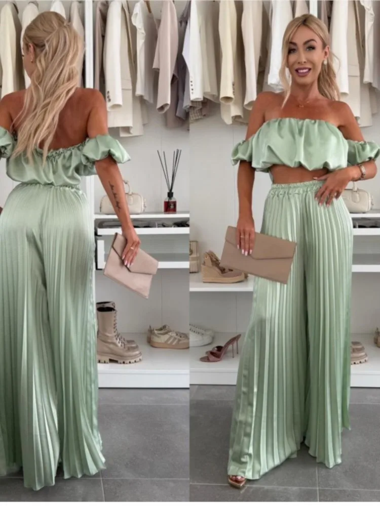 Sexy Strapless Pleated Pants Sets Woman 2025 Summer New Solid Color Short Tops+High Waist Wide Leg Pants 2 Piece Set Outfits
Sexy Strapless Pleated Pants Sets Woman 2025 Summer New Solid Color Short Tops+High Waist Wide Leg Pants 2 Piece Set Outfits