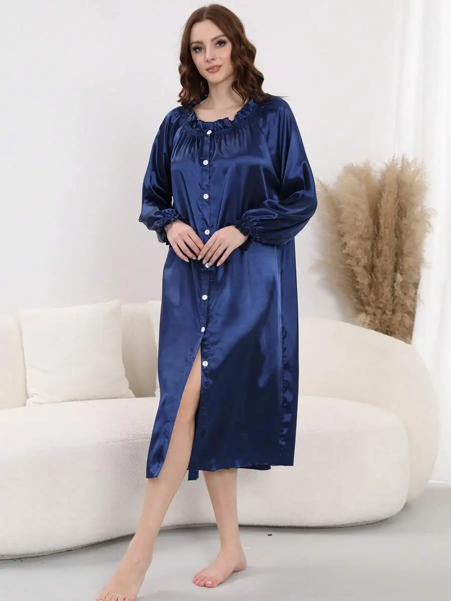 Womens Satin Nightgown With Buttons Ruffled Neck Mid-Length Sleepwear
Womens Satin Nightgown With Buttons Ruffled Neck Mid-Length Sleepwear