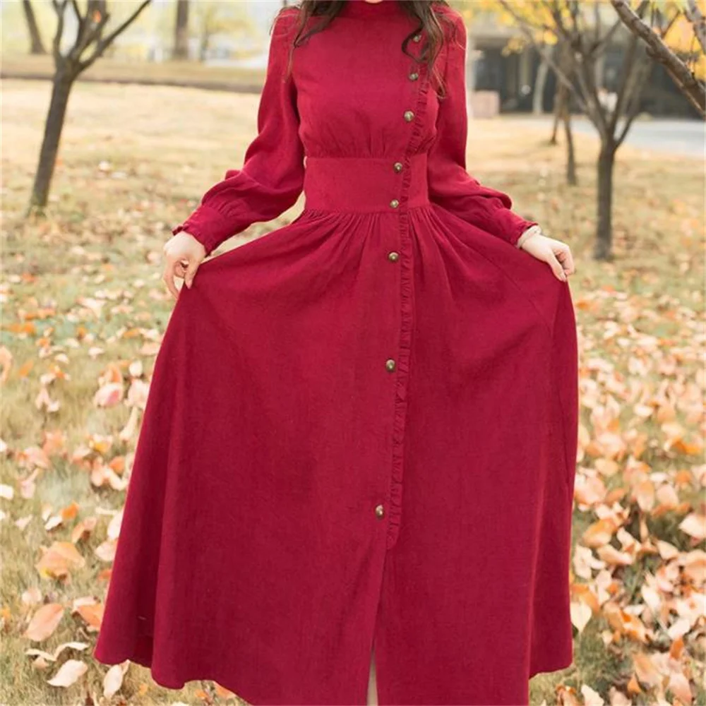 Autumn and winter long sleeved retro waist corduroy dress full single breasted long dress women
Autumn and winter long sleeved retro waist corduroy dress full single breasted long dress women