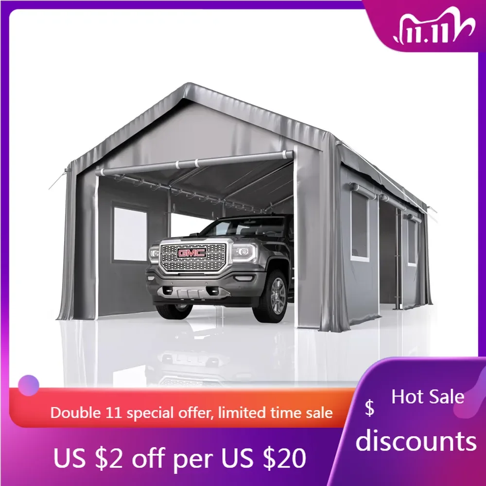 13'x20' Carport Heavy Duty, Portable Garage with 4 Roll-up Doors, 4 Mesh Windows, 180 g PE Tarps, and Reinforced Frames
13'x20' Carport Heavy Duty, Portable Garage with 4 Roll-up Doors, 4 Mesh Windows, 180 g PE Tarps, and Reinforced Frames