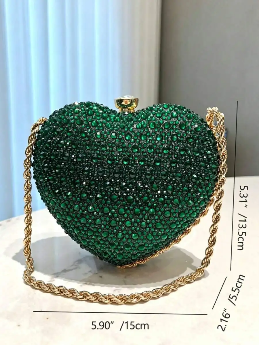 Emerald Green Heart Clutch With Sparkling Rhinestones And Gold Chain Strap For Evening Wedding Prom Party Valentine’s Gift
Emerald Green Heart Clutch With Sparkling Rhinestones And Gold Chain Strap For Evening Wedding Prom Party Valentine’s Gift